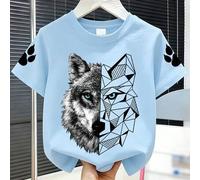 Cooles ästhetisches T-Shirt für Jungen, geometrischer und realistischer Wolfskopf-Muster, Krallendetail, lässiges Kurzarm-Top, geeignet für Outdoor-Sp