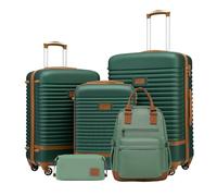 COOLIFE Koffer Trolley Koffer Reisekoffer von ABS Hartschalen Trolley 4 Rollen TSA-Schloss Der Koffer Enthält 1 Reiserucksack und 1 Kulturbeutel (Dunkelgrün/Braun, Koffer-Set 5tlg)