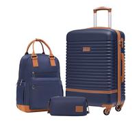 COOLIFE Koffer Trolley Koffer Reisekoffer von ABS Hartschalen Trolley 4 Rollen TSA-Schloss Der Koffer Enthält 1 Reiserucksack und 1 Kulturbeutel (Blau/Braun, Mittlerer Koffer-Set 3tlg)