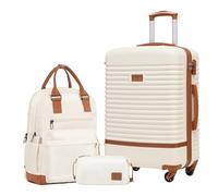 COOLIFE Koffer Trolley Koffer Reisekoffer von ABS Hartschalen Trolley 4 Rollen TSA-Schloss Der Koffer Enthält 1 Reiserucksack und 1 Kulturbeutel (Weiß/Braun, Mittlerer Koffer-Set 3tlg)