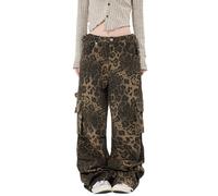 COOLMONAR Damen Y2K Leopard Print Jeans Chic Street Style Wide Leg Denim Pants Retro Hip Hop Lose Hose, Leopard Jean-3, L