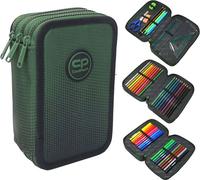 CoolPack XXL Pencil Case 3-Compartment School Pencil Case Triple Pencil Case Boys Ombre Gradient Grass Pencil Case 44-Piece Filled Student Case 3-Tier, Green, Pencil case