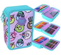 CoolPack XXL Pencil Case 3-Compartment School Pencil Case, Triple Pencil Case for Girls, Boys, Happy Doughnuts, Pencil Case 44-Piece Filled Student Case 3-Tier, purple, Pencil case