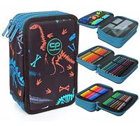 CoolPack XXL Pencil Case 3-Compartment School Pencil Case Triple Pencil Case for Boys Girls Fossil Dinosaur Pencil Case 44-Piece Filled Student Case 3-Tier, black, Pencil case
