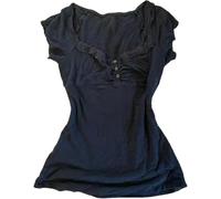 Coquette Rüschen-Top, Damen, niedlich, Sommer, Spitze, Schößchen, Babydoll-Top, Teenager, Mädchen, Y2K, Grunge 2000er Jahre, Cottagecore-Kleidung, Schwarz , M