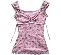 Coquette Rüschen-Tops, Damen, niedlich, Sommer, Spitze, Schößchen, Babydoll-Top, Teenager, Mädchen, Y2K, Grunge 2000er Jahre, Cottagecore-Kleidung, pink floral, S