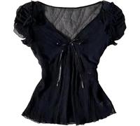 Coquette Rüschen-Tops Damen Niedliche Sommer Spitze Peplum Babydoll Top Teenager Mädchen Y2K Grunge 2000er Jahre Cottagecore Kleidung, Schwarze Schleife, S