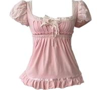Coquette Rüschen-Tops Damen Niedliche Sommer Spitze Peplum Babydoll Top Teenager Mädchen Y2K Grunge 2000er Jahre Cottagecore Kleidung, rosa schleife, S