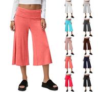 Coral Fold Over Yoga Pant Damen 3/4 Hose Cropped Faltenhose Palazzo Yoga Hose mit Raffung Weite Lounge Baumwolle Loose Fit Uni Corals Pants Yogahose Korallfarbene mit Hohem Umschlagbund