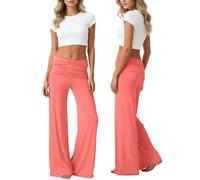 Coral Fold Over Yoga Pants Damen Weite Lounge Hose Mit Raffung Loose Fit Corals Pants Coral Fold-Over Yogahose Korallfarbene Faltenhose Weite Palazzo Hose Mit Hohem Umschlagbund