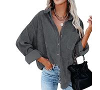Cord Hemd Damen Oversize Hemd Übergröße Damen Langarm Elegant Oversized Cord-Hemd Damen Hemd Women Vintage Hemd Bluse Frauen Frühling Casual Lässiges Blusen Hemd Kord Locker Lässig Damen Grau XL