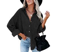 Cord Hemd Damen Oversize Hemd Übergröße Damen Langarm Elegant Oversized Cord-Hemd Damen Hemd Women Vintage Hemd Bluse Frauen Frühling Casual Lässiges Blusen Hemd Kord Locker Lässig Damen Schwarz 3XL