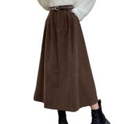 Cord Rock Damen Winter Vintage Midi Lange Faltenrock Cordröcke Elastische Taille A-Linie Skirt Midirock mit einem Gürtel Kaffee S
