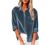 Cordbluse Damen Langarmshirt mit Knopfleiste Revers Langarm Bluse Mit Tasche Rippung Cordhemd Button Down Shirt Einfarbig Cord Hemd Frühling Herbst Hemdjacke Cordjacke Blusentops Shirtbluse