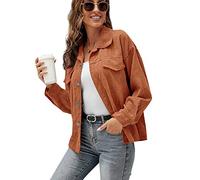 Cordhemd Damen Oversize Shirt mit Taste Hemdjacke Langarm Lose Revers, Frühling Herbst Hemd Outwear