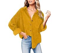 Cordhemd Damen Vintage Hemd Cordjacke Winter Frühling Herbst Top Langarmshirt Elegant Hemdbluse mit Knöpfen V-Ausschnitt Casual Arbeit Shirt Bluse Jacke Button Down Freizeitjacke