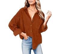 Cordhemd Damen Vintage Hemd Cordjacke Winter Frühling Herbst Top Langarmshirt Elegant Hemdbluse mit Knöpfen V-Ausschnitt Casual Arbeit Shirt Bluse Jacke Button Down Freizeitjacke