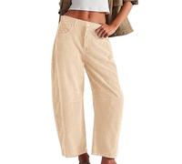 Cordhose Damen Gerades Bein Barrel Leg Arbeitshosen Weites Bein Mittelhoher Freizeithosen Elegant Hosen mit Taschen Mid-Rise Elastische Taille Baggy Stoffhose (Creamy Weiß, L)