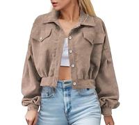 Cordjacke Damen, Corduroy Dünne Jacket Mit Knopfleiste, Vintage Kurze Cordhemd Damen Herbstjacke Damen Übergangsjacke Mit Taschen, V-Ausschnitt Kurze Hemdjacke College Cordjacke Damen Winter