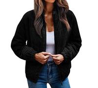 Cordjacke Damen Kurz Warm Kuschelige Winterjacke Übergangsjacke Gefüttert Langarm Reißverschluss Kurzmantel Wintermantel Übergangsmantel mit Taschen Schwarz S