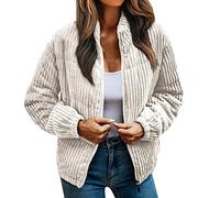 Cordjacke Damen Kurz Warm Kuschelige Winterjacke Übergangsjacke Gefüttert Langarm Reißverschluss Kurzmantel Wintermantel Übergangsmantel mit Taschen Beige M