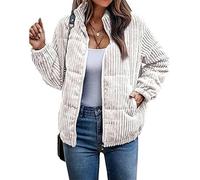 Cordjacke Damen Kurz Warm Kuschelige Winterjacke Übergangsjacke Gefüttert Langarm Reißverschluss Kurzmantel Wintermantel Übergangsmantel mit Taschen Weiß S