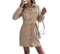 Cordkleid Damen Winter Elegant Kleid Damen Langarm Kleider Mit Gürtel Und Knopfleiste Herbstkleid Cord Hemdkleid Frauen A Linie Winterkleid Mit Kragen Damenkleider Kurz Cordkleider Lässig