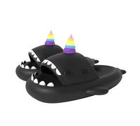 corimori Hai Einhorn Hausschuhe, Badeschlappen mit Regenbogenhorn, in Blau, Rosa oder Schwarz (Schwarz, EU Schuhgrößensystem, Erwachsene, Damen, Numerisch (von/bis), M, 42, 43)