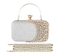 CORIOS Abendtasche Strass Damen Diamant Clutch Bag Klein Tasche Schultertasche Abnehmbarer Kette Handtasche Elegante Umhängetasche für Hochzeit Abendparty Tanzparty Geburtstag Bankett Silber