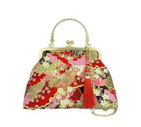 CORIOS Damen Abendtasche Quasten und Traditioneller Stickerei Clutch Brautbörse Handtasche Schultertasche Umhängetasche aus Baumwolle mit Abnehmbarer Kette für Hochzeit Rundes Fächer-Muster Blau