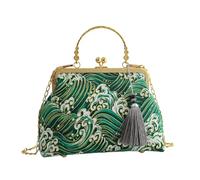 CORIOS Damen Abendtasche Quasten und Traditioneller Stickerei Clutch Brautbörse Handtasche Schultertasche Umhängetasche aus Baumwolle mit Abnehmbarer Kette für Hochzeit Kranich Blau B