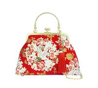 CORIOS Damen Abendtasche Quasten und Traditioneller Stickerei Clutch Brautbörse Handtasche Schultertasche Umhängetasche aus Baumwolle mit Abnehmbarer Kette für Hochzeit Rundes Fächer-Muster Rot