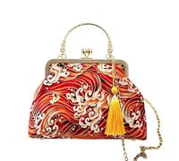 CORIOS Damen Abendtasche Quasten und Traditioneller Stickerei Clutch Brautbörse Handtasche Schultertasche Umhängetasche aus Baumwolle mit Abnehmbarer Kette für Hochzeit Wellen Rot