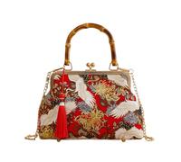 CORIOS Damen Abendtasche Quasten und Traditioneller Stickerei Clutch Brautbörse Handtasche Schultertasche Umhängetasche aus Baumwolle mit Abnehmbarer Kette für Hochzeit Kranich Rot B