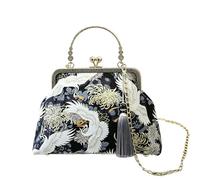 CORIOS Damen Abendtasche Quasten und Traditioneller Stickerei Clutch Brautbörse Handtasche Schultertasche Umhängetasche aus Baumwolle mit Abnehmbarer Kette für Hochzeit Kranich Schwarz