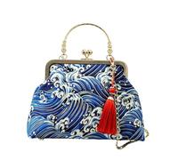 CORIOS Damen Abendtasche Quasten und Traditioneller Stickerei Clutch Brautbörse Handtasche Schultertasche Umhängetasche aus Baumwolle mit Abnehmbarer Kette für Hochzeit Wellen Blau