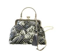 CORIOS Damen Abendtasche Quasten und Traditioneller Stickerei Clutch Brautbörse Handtasche Schultertasche Umhängetasche aus Baumwolle mit Abnehmbarer Kette für Hochzeit Wellen Schwarz