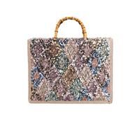 CORIOS Damen Boho Stil Handtasche Schultertasche aus PP Stroh und Leinen Henkeltaschen mit Paillettenstickerei Ethnische Tote Beutel Sommer Strand Tasche Rautenmuster in Blau und Gelb
