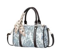 CORIOS Damen Elegant Handtasche Boston Tasche mit Seidentuch Dekoration PU Leder Schultertaschen Umhängetaschen Stickerei Muster Messenger Tasche Tragetasche Shopper Reise Tote Beutel Blau Weiß