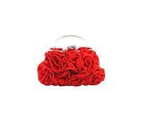 CORIOS Damen Elegante Abendtasche Blumen Clutch Tasche Handtasche mit Kette Kiss Lock Mini Rose Schultertasche Satin Umhängetasche für Hochzeit Bankett-Party Abschlussball Rot