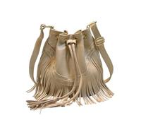 CORIOS Damen Fransen Eimertasche PU-Leder Umhängetasche mit Kordelzug Boho Quasten Schultertasche Mode Handtasche für Arbeit Shopper Reise Beige
