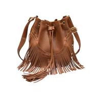CORIOS Damen Fransen Eimertasche PU-Leder Umhängetasche mit Kordelzug Boho Quasten Schultertasche Mode Handtasche für Arbeit Shopper Reise Braun