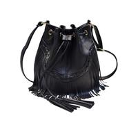 CORIOS Damen Fransen Eimertasche PU-Leder Umhängetasche mit Kordelzug Boho Quasten Schultertasche Mode Handtasche für Arbeit Shopper Reise Schwarz