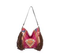 CORIOS Damen Fransen Handtasche Boho Schultertasche Böhmische Quasten Tragetasche Umhängetasche mit Ethnischem Geometrischem Muster Sommer Strand Tasche Canvas Henkeltasche Purpurrot