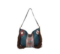 CORIOS Damen Fransen Handtasche Boho Schultertasche Böhmische Quasten Tragetasche Umhängetasche mit Ethnischem Geometrischem Muster Sommer Strand Tasche Canvas Henkeltasche Blau