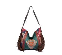 CORIOS Damen Fransen Handtasche Boho Schultertasche Böhmische Quasten Tragetasche Umhängetasche mit Ethnischem Geometrischem Muster Sommer Strand Tasche Canvas Henkeltasche Dunkelgrün