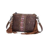 CORIOS Damen Fransen Umhängetasche Boho Schultertasche Handtasche mit Ethnischem Blumenprägung Böhmische Quasten Tragetasche Sommer Strand Tasche PU Leder Henkeltasche für Urlaub Reise Kastanie