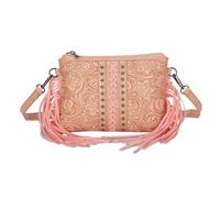 CORIOS Damen Fransen Umhängetasche Boho Schultertasche Handtasche mit Ethnischem Blumenprägung Böhmische Quasten Tragetasche Sommer Strand Tasche PU Leder Henkeltasche für Urlaub Reise Rosa