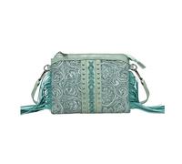 CORIOS Damen Fransen Umhängetasche Boho Schultertasche Handtasche mit Ethnischem Blumenprägung Böhmische Quasten Tragetasche Sommer Strand Tasche PU Leder Henkeltasche für Urlaub Reise Grün