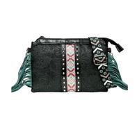 CORIOS Damen Fransen Umhängetasche Boho Schultertasche Handtasche mit Ethnischem Blumenprägung Böhmische Quasten Tragetasche Sommer Strand Tasche PU Leder Henkeltasche für Urlaub Reise Schwarz